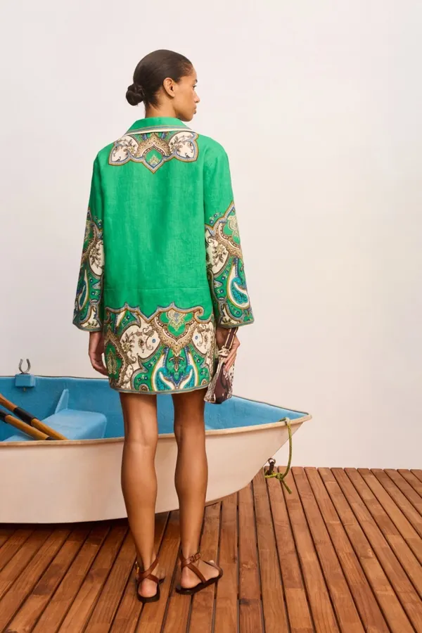 Retro Paisley-print Lapel Three-quarter Sleeve Dress, Loose Linen Resort Short Skirt in Green, product view 04