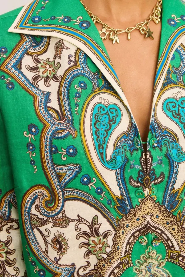 Retro Paisley-print Lapel Three-quarter Sleeve Dress, Loose Linen Resort Short Skirt in Green, product view 05
