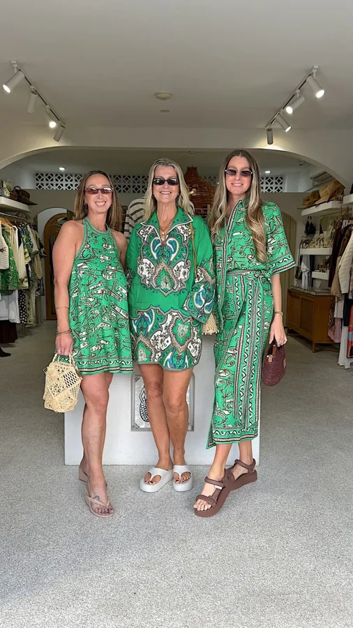 Retro Paisley-print Lapel Three-quarter Sleeve Dress, Loose Linen Resort Short Skirt in Green, product view 06