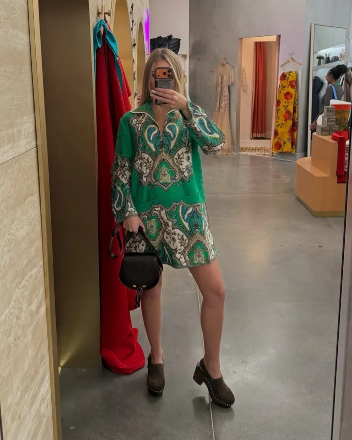 Retro Paisley-print Lapel Three-quarter Sleeve Dress, Loose Linen Resort Short Skirt in Green, product view 07