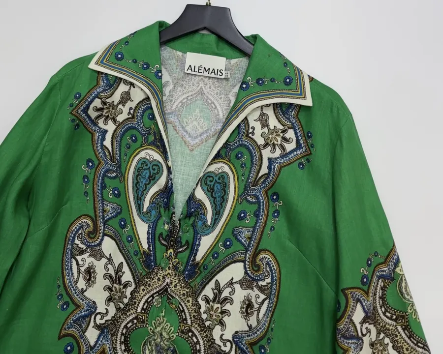 Retro Paisley-print Lapel Three-quarter Sleeve Dress, Loose Linen Resort Short Skirt in Green, product view 09