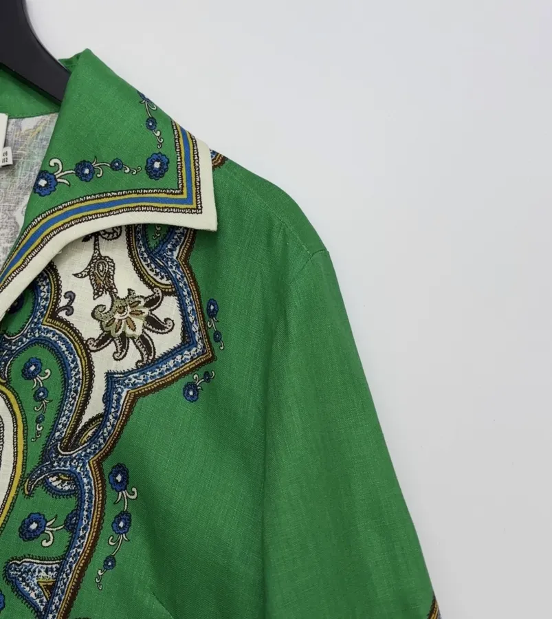 Retro Paisley-print Lapel Three-quarter Sleeve Dress, Loose Linen Resort Short Skirt in Green, product view 10