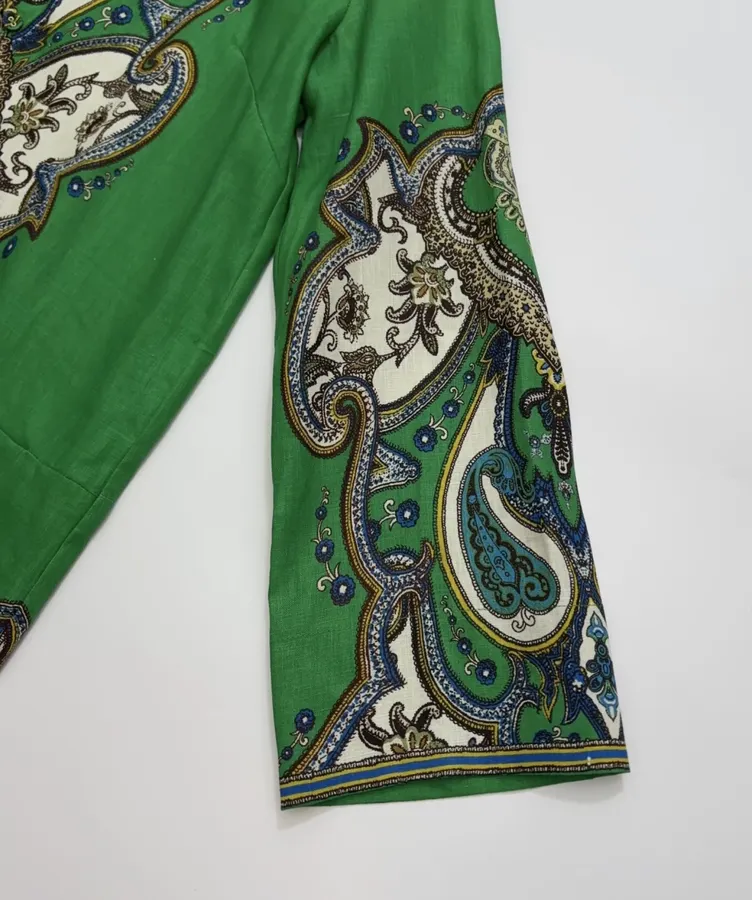 Retro Paisley-print Lapel Three-quarter Sleeve Dress, Loose Linen Resort Short Skirt in Green, product view 11