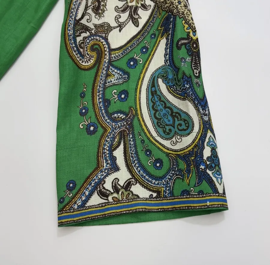 Retro Paisley-print Lapel Three-quarter Sleeve Dress, Loose Linen Resort Short Skirt in Green, product view 12