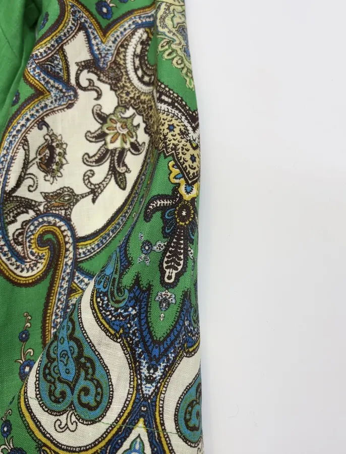 Retro Paisley-print Lapel Three-quarter Sleeve Dress, Loose Linen Resort Short Skirt in Green, product view 13