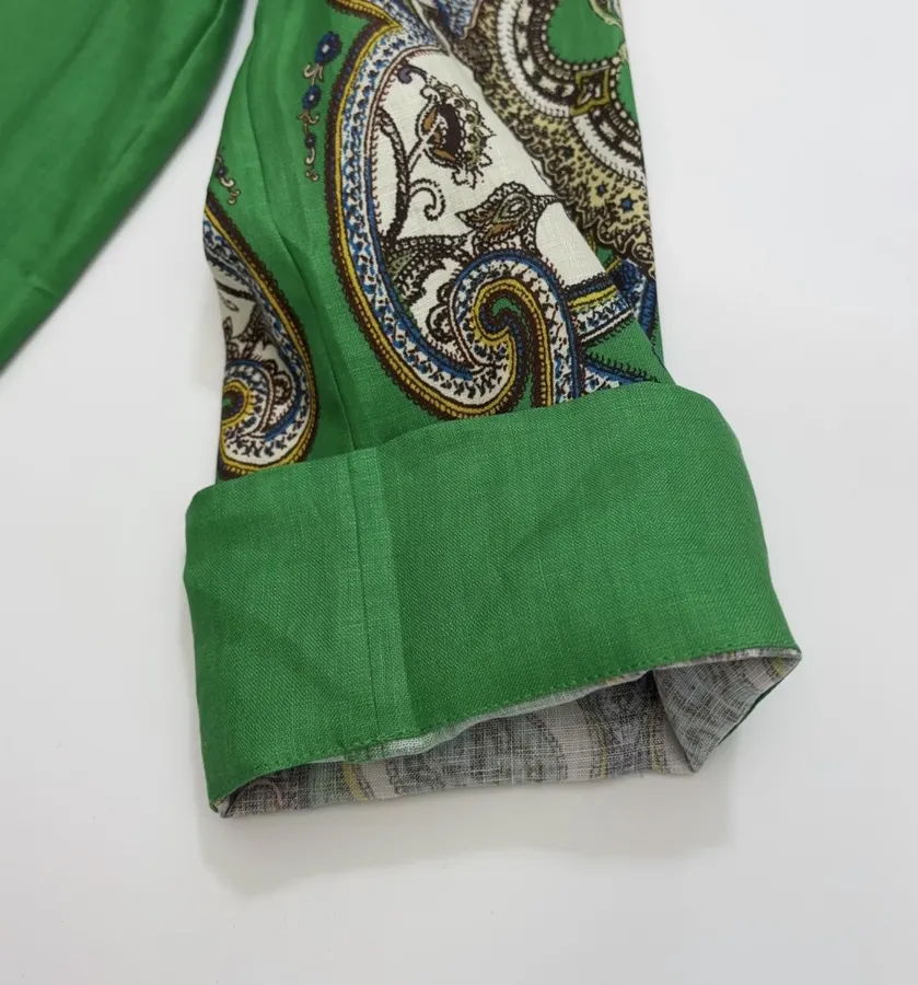 Retro Paisley-print Lapel Three-quarter Sleeve Dress, Loose Linen Resort Short Skirt in Green, product view 14
