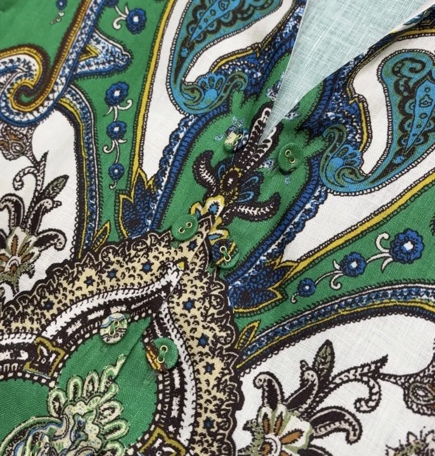 Retro Paisley-print Lapel Three-quarter Sleeve Dress, Loose Linen Resort Short Skirt in Green, product view 15