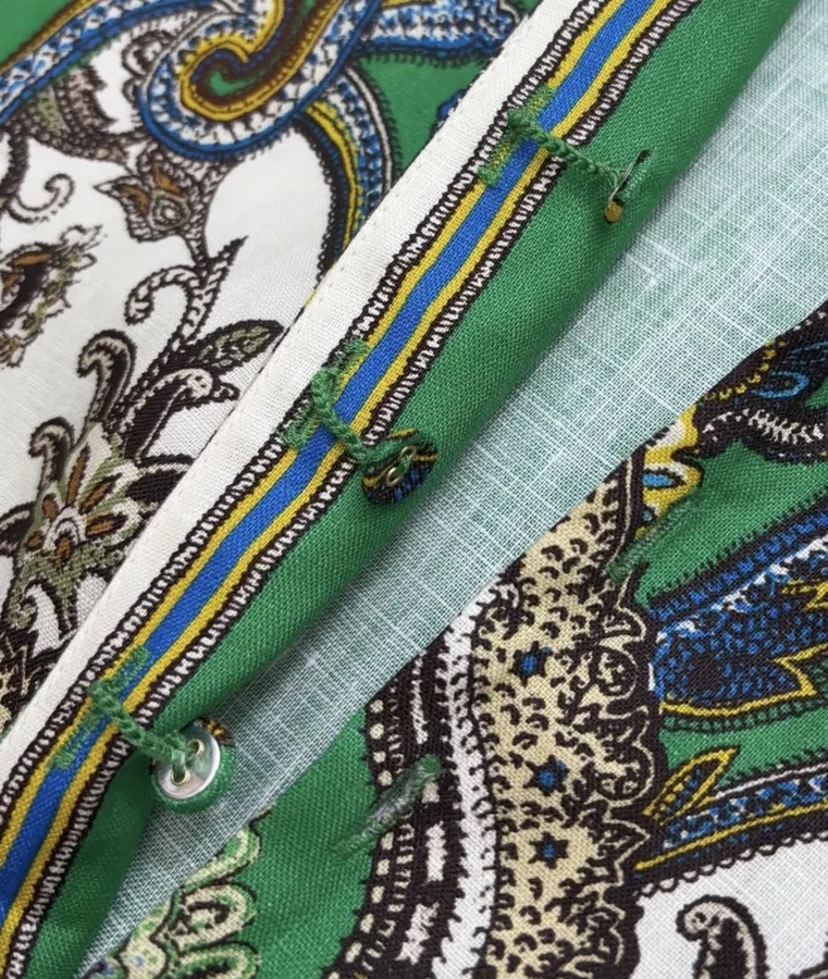 Retro Paisley-print Lapel Three-quarter Sleeve Dress, Loose Linen Resort Short Skirt in Green, product view 16