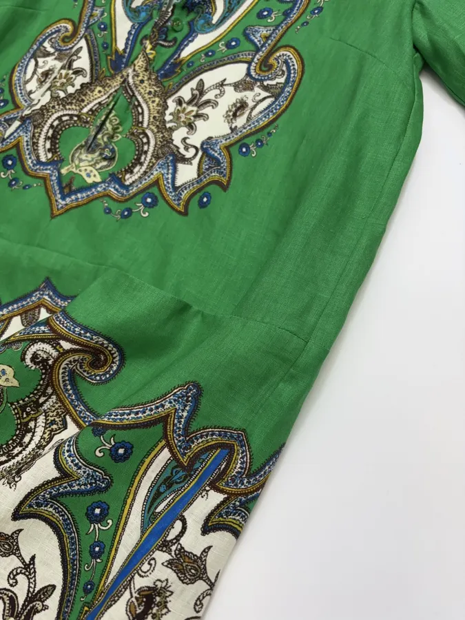 Retro Paisley-print Lapel Three-quarter Sleeve Dress, Loose Linen Resort Short Skirt in Green, product view 17