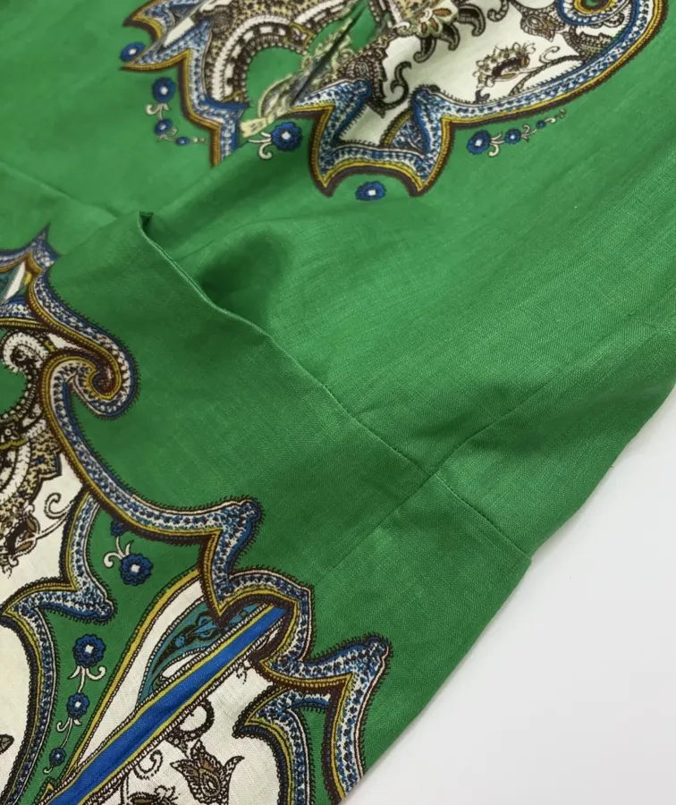 Retro Paisley-print Lapel Three-quarter Sleeve Dress, Loose Linen Resort Short Skirt in Green, product view 18