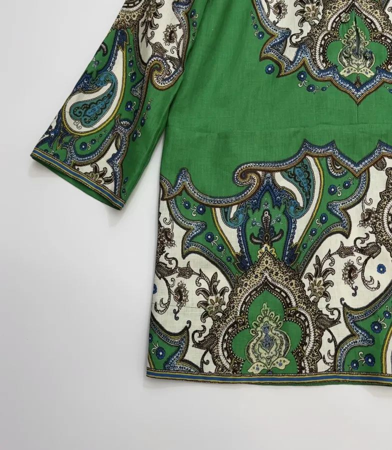 Retro Paisley-print Lapel Three-quarter Sleeve Dress, Loose Linen Resort Short Skirt in Green, product view 19
