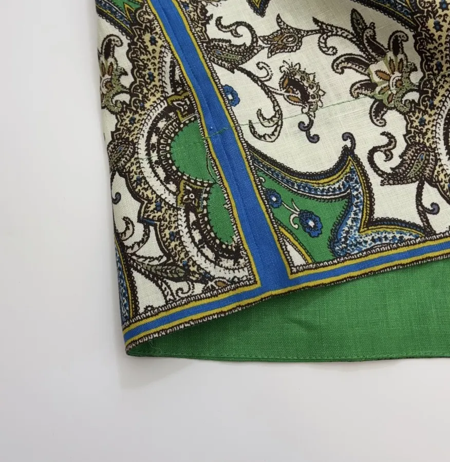 Retro Paisley-print Lapel Three-quarter Sleeve Dress, Loose Linen Resort Short Skirt in Green, product view 20