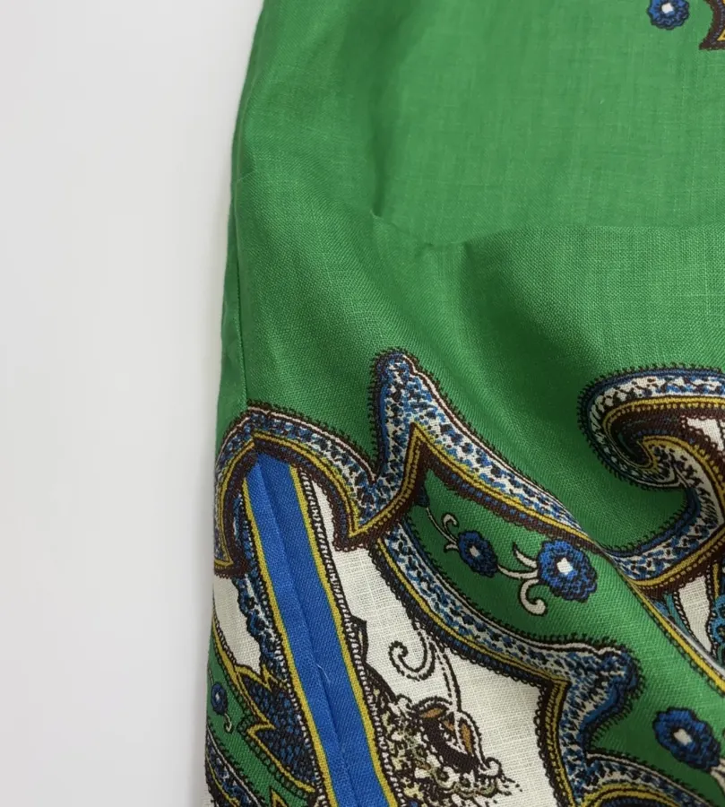 Retro Paisley-print Lapel Three-quarter Sleeve Dress, Loose Linen Resort Short Skirt in Green, product view 21