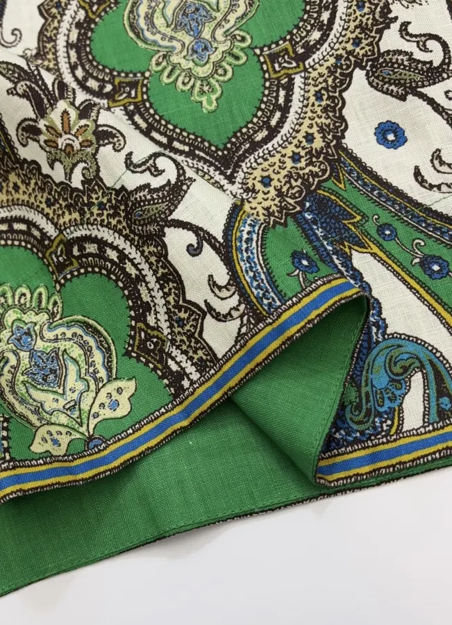 Retro Paisley-print Lapel Three-quarter Sleeve Dress, Loose Linen Resort Short Skirt in Green, product view 22
