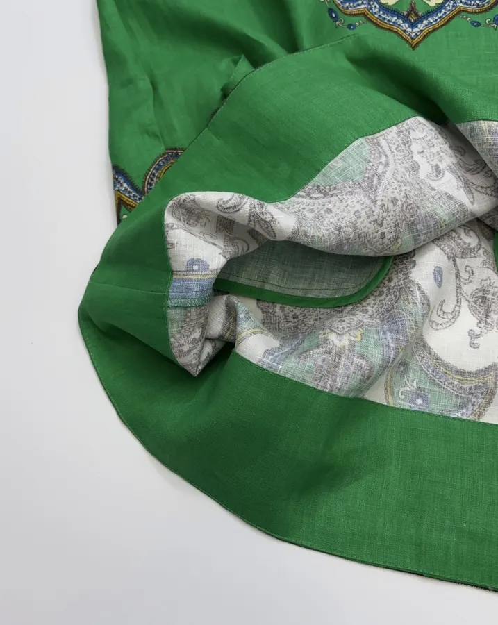 Retro Paisley-print Lapel Three-quarter Sleeve Dress, Loose Linen Resort Short Skirt in Green, product view 23