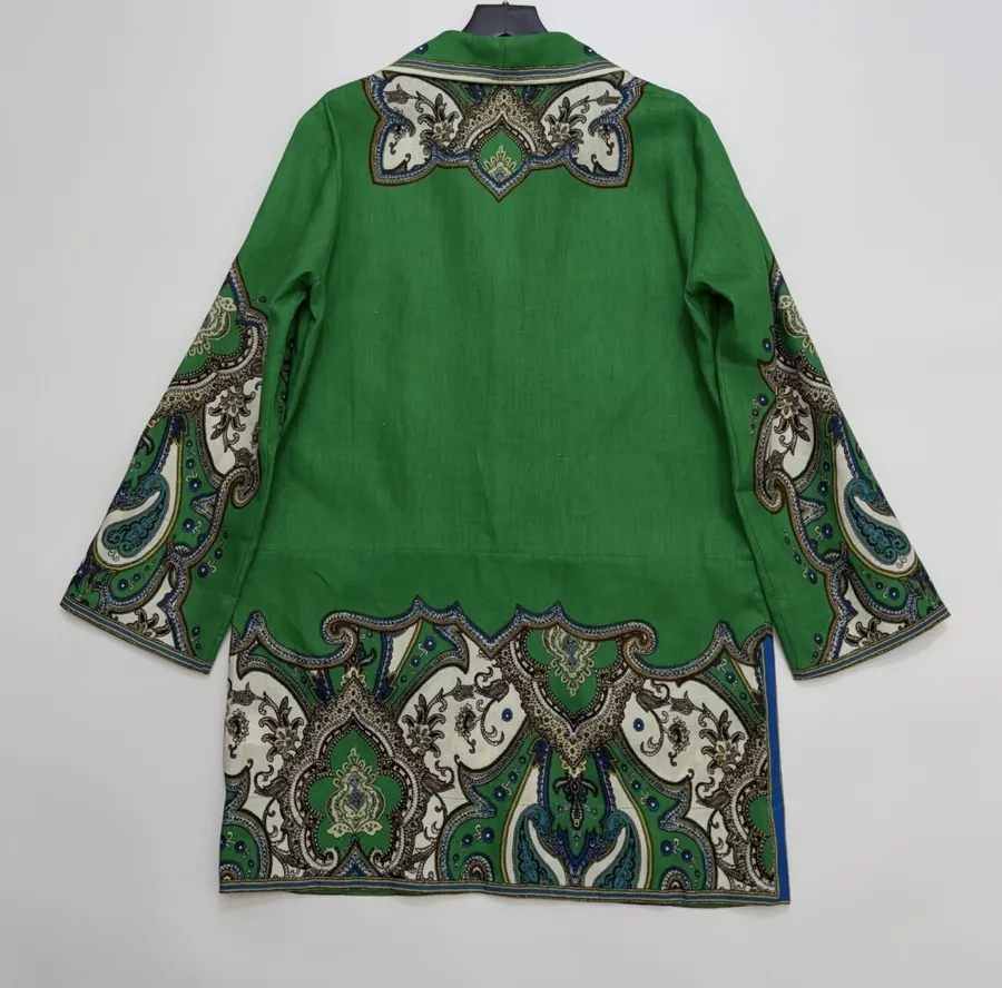 Retro Paisley-print Lapel Three-quarter Sleeve Dress, Loose Linen Resort Short Skirt in Green, product view 24