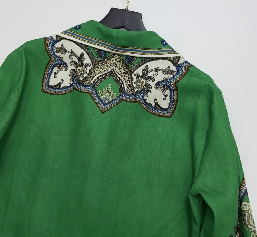 Retro Paisley-print Lapel Three-quarter Sleeve Dress, Loose Linen Resort Short Skirt in Green, product view 25