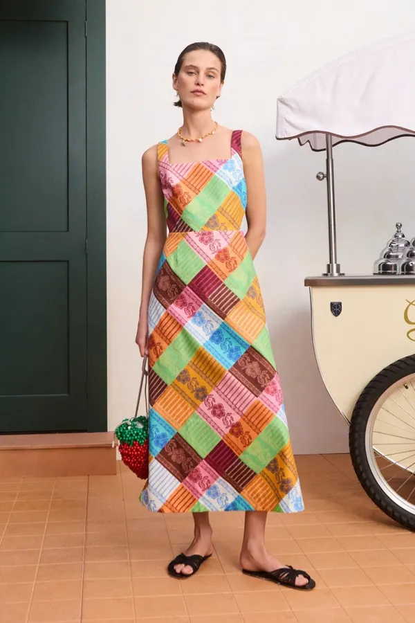 Plaid Floral Skirt | Square Neck Sleeveless Retro Atmosphere Halterneck Dress, Long Skirt in Multicolor, product view 02