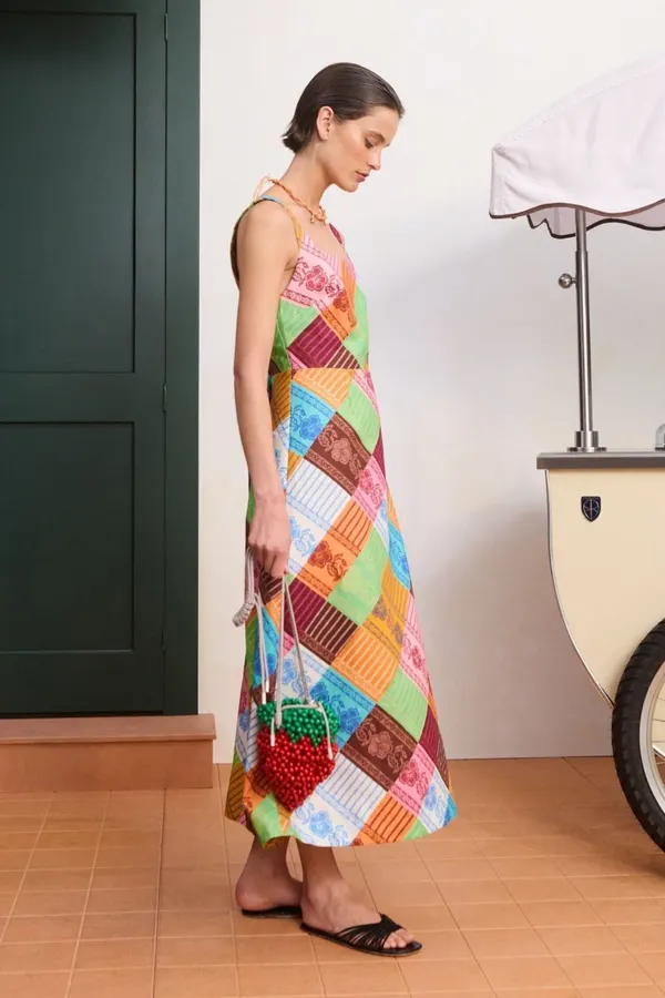 Plaid Floral Skirt | Square Neck Sleeveless Retro Atmosphere Halterneck Dress, Long Skirt in Multicolor, product view 03