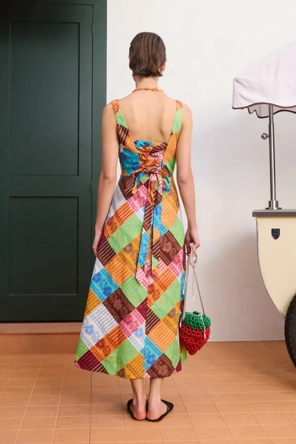 Plaid Floral Skirt | Square Neck Sleeveless Retro Atmosphere Halterneck Dress, Long Skirt in Multicolor, product view 04