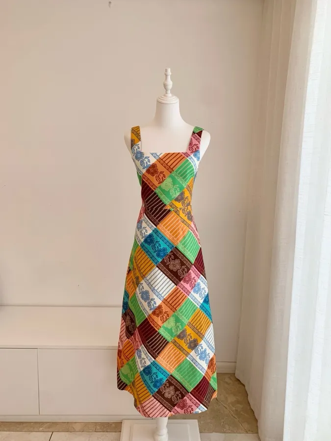 Plaid Floral Skirt | Square Neck Sleeveless Retro Atmosphere Halterneck Dress, Long Skirt in Multicolor, product view 06