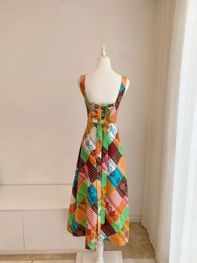 Plaid Floral Skirt | Square Neck Sleeveless Retro Atmosphere Halterneck Dress, Long Skirt in Multicolor, product view 07