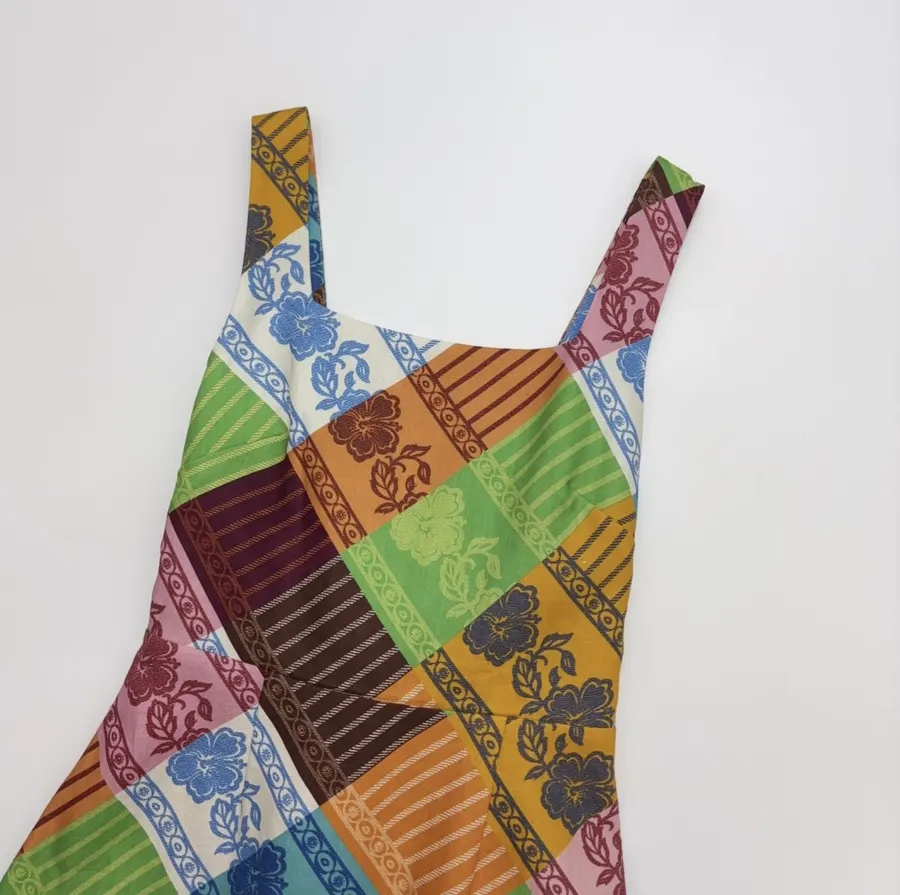 Plaid Floral Skirt | Square Neck Sleeveless Retro Atmosphere Halterneck Dress, Long Skirt in Multicolor, product view 08