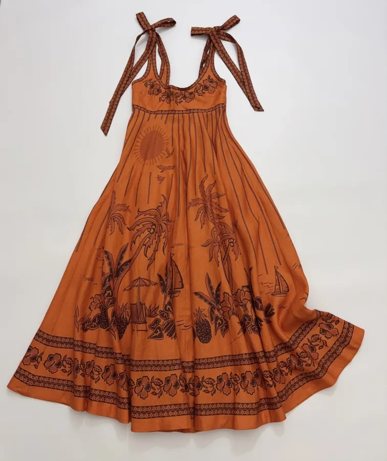 Orange Island Print Strap Dress with Tie-Waist Linen Style Flared Resort Maxi Dress in Orange, product view 01