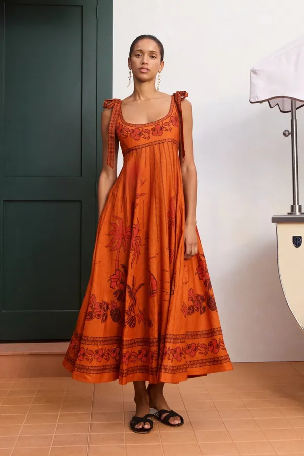 Orange Island Print Strap Dress with Tie-Waist Linen Style Flared Resort Maxi Dress in Orange, product view 02
