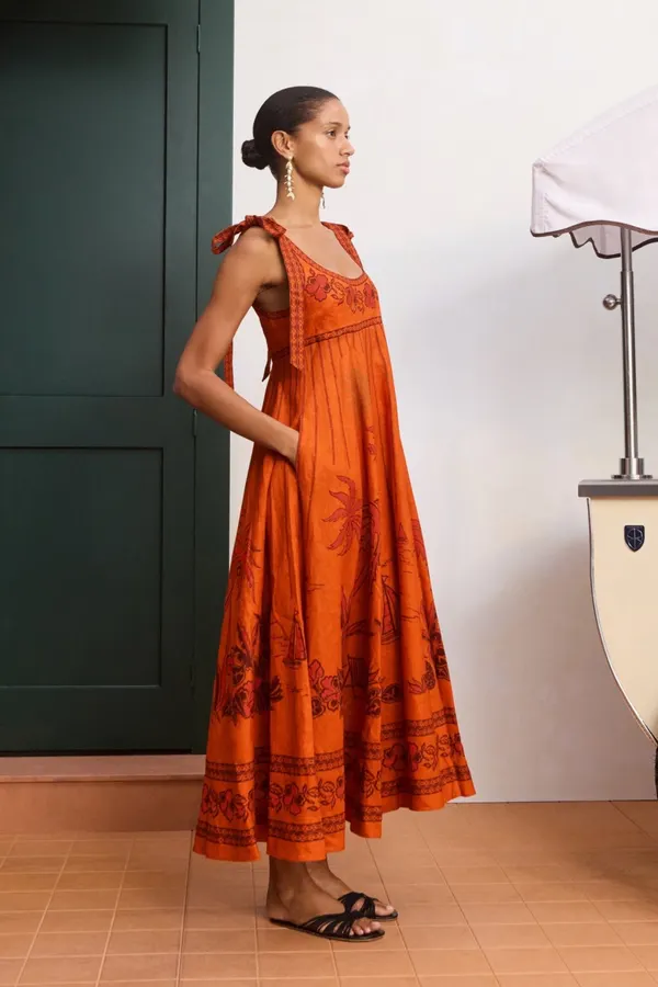 Orange Island Print Strap Dress with Tie-Waist Linen Style Flared Resort Maxi Dress in Orange, product view 03