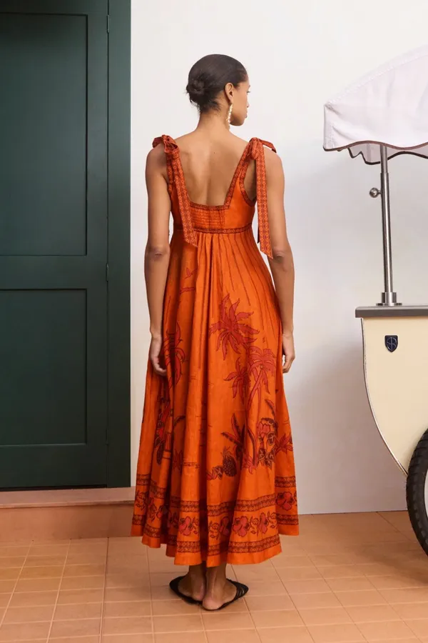 Orange Island Print Strap Dress with Tie-Waist Linen Style Flared Resort Maxi Dress in Orange, product view 04