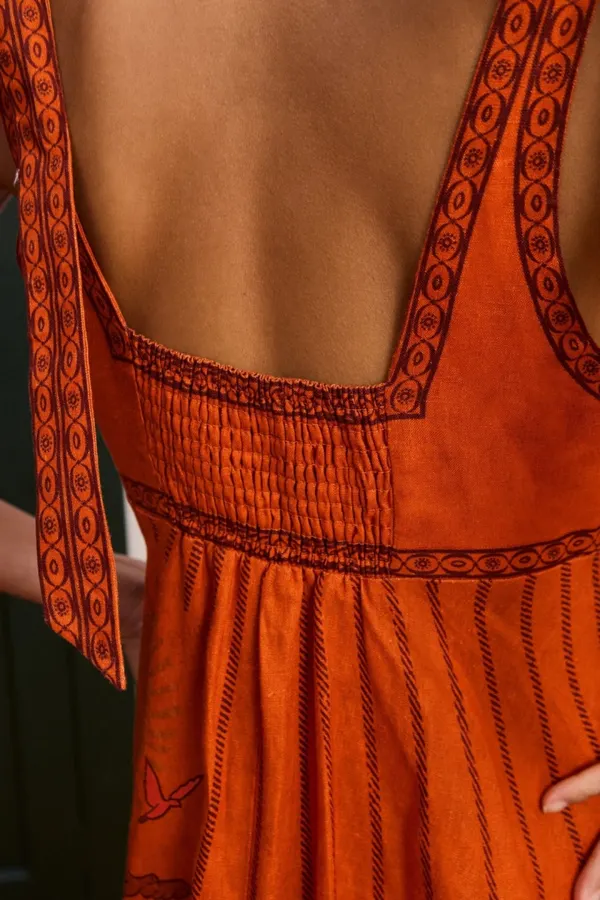 Orange Island Print Strap Dress with Tie-Waist Linen Style Flared Resort Maxi Dress in Orange, product view 05