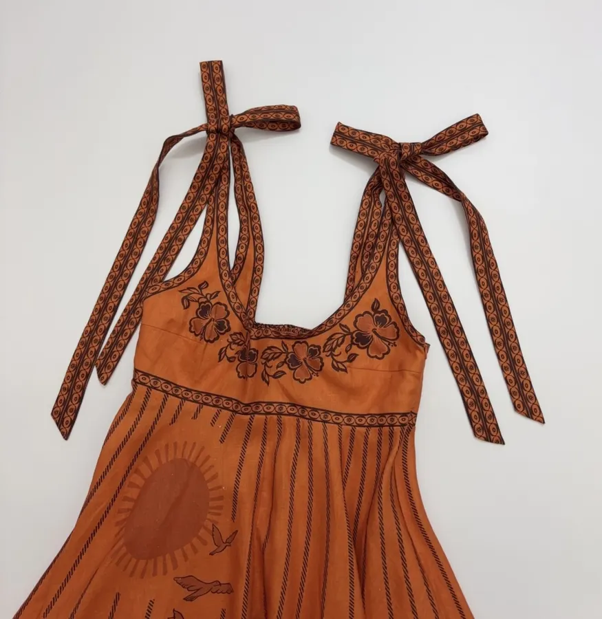 Orange Island Print Strap Dress with Tie-Waist Linen Style Flared Resort Maxi Dress in Orange, product view 06