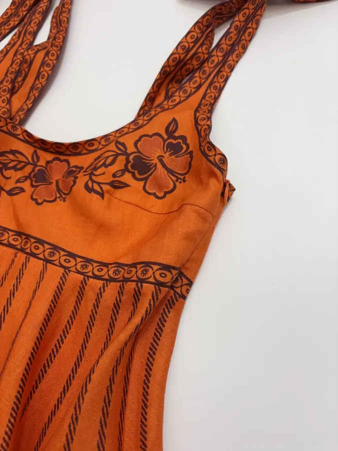 Orange Island Print Strap Dress with Tie-Waist Linen Style Flared Resort Maxi Dress in Orange, product view 07