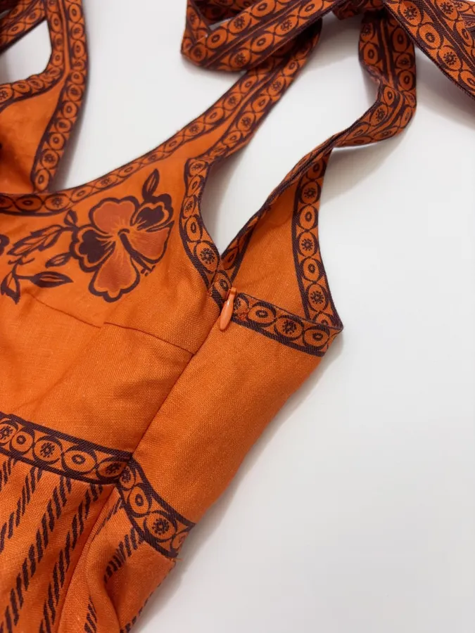 Orange Island Print Strap Dress with Tie-Waist Linen Style Flared Resort Maxi Dress in Orange, product view 08
