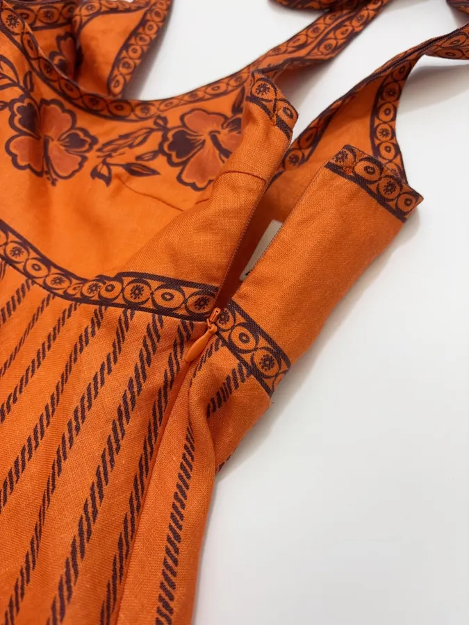 Orange Island Print Strap Dress with Tie-Waist Linen Style Flared Resort Maxi Dress in Orange, product view 09