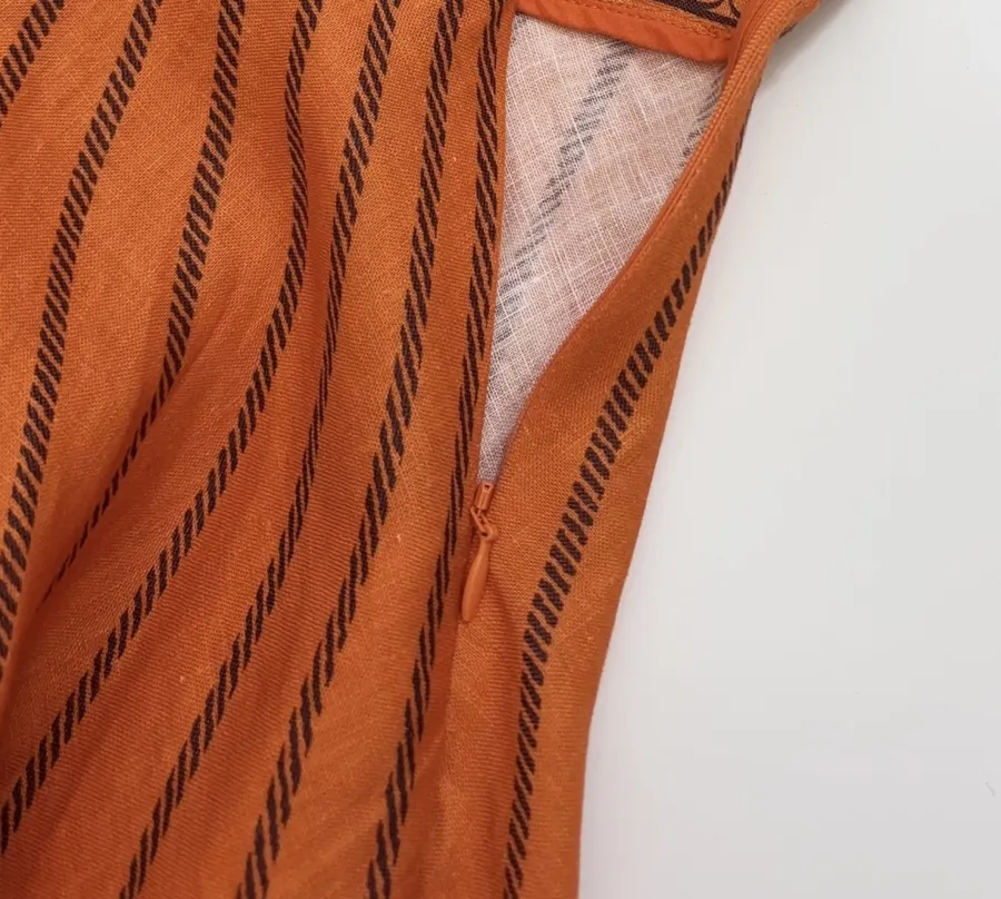 Orange Island Print Strap Dress with Tie-Waist Linen Style Flared Resort Maxi Dress in Orange, product view 10