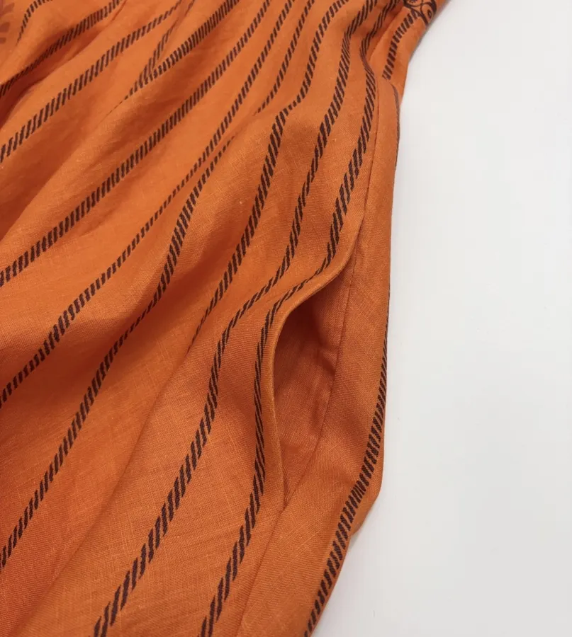 Orange Island Print Strap Dress with Tie-Waist Linen Style Flared Resort Maxi Dress in Orange, product view 12