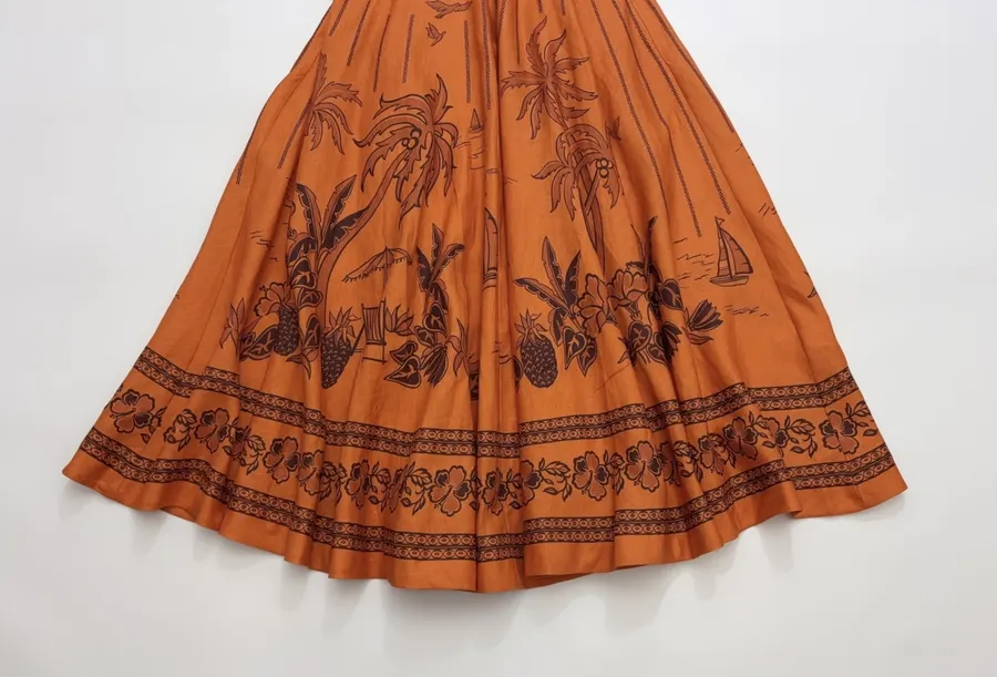 Orange Island Print Strap Dress with Tie-Waist Linen Style Flared Resort Maxi Dress in Orange, product view 13