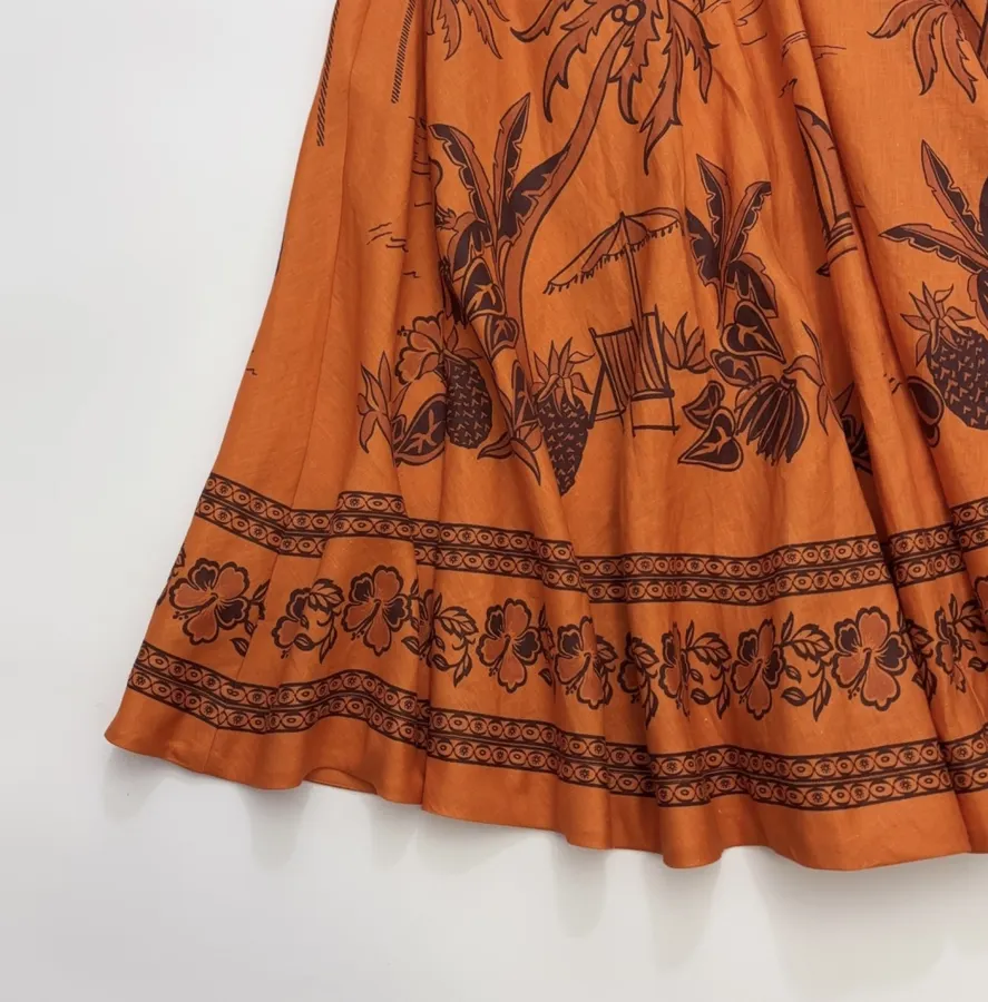 Orange Island Print Strap Dress with Tie-Waist Linen Style Flared Resort Maxi Dress in Orange, product view 14