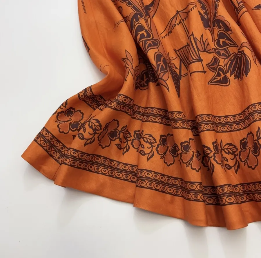 Orange Island Print Strap Dress with Tie-Waist Linen Style Flared Resort Maxi Dress in Orange, product view 15