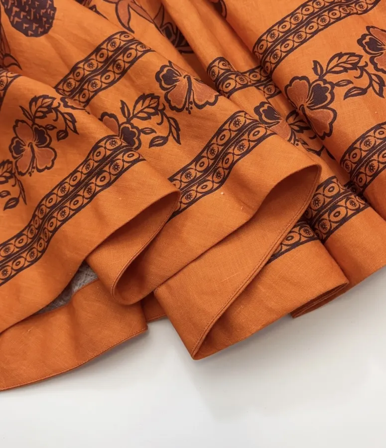 Orange Island Print Strap Dress with Tie-Waist Linen Style Flared Resort Maxi Dress in Orange, product view 16