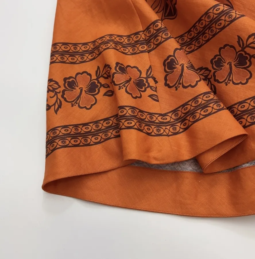 Orange Island Print Strap Dress with Tie-Waist Linen Style Flared Resort Maxi Dress in Orange, product view 17
