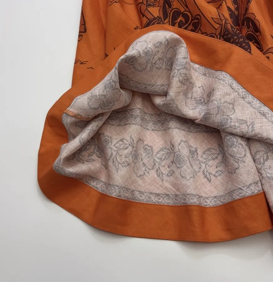 Orange Island Print Strap Dress with Tie-Waist Linen Style Flared Resort Maxi Dress in Orange, product view 18
