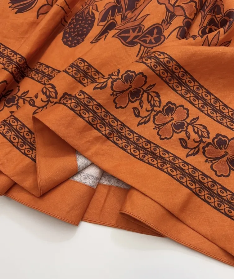 Orange Island Print Strap Dress with Tie-Waist Linen Style Flared Resort Maxi Dress in Orange, product view 19