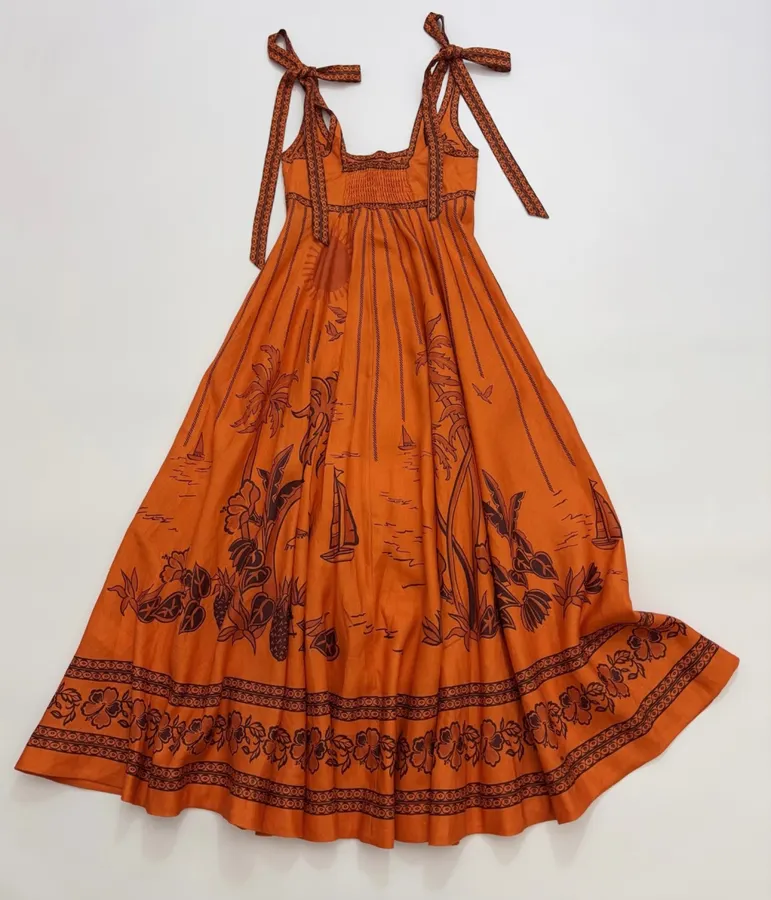 Orange Island Print Strap Dress with Tie-Waist Linen Style Flared Resort Maxi Dress in Orange, product view 20