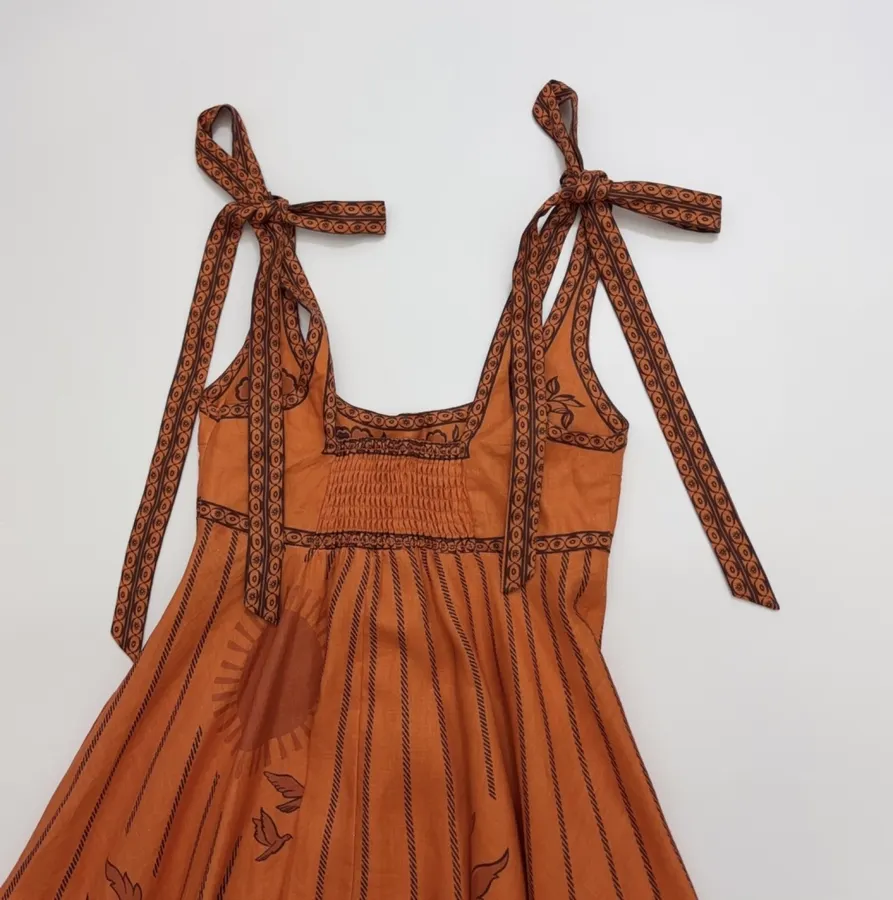Orange Island Print Strap Dress with Tie-Waist Linen Style Flared Resort Maxi Dress in Orange, product view 21