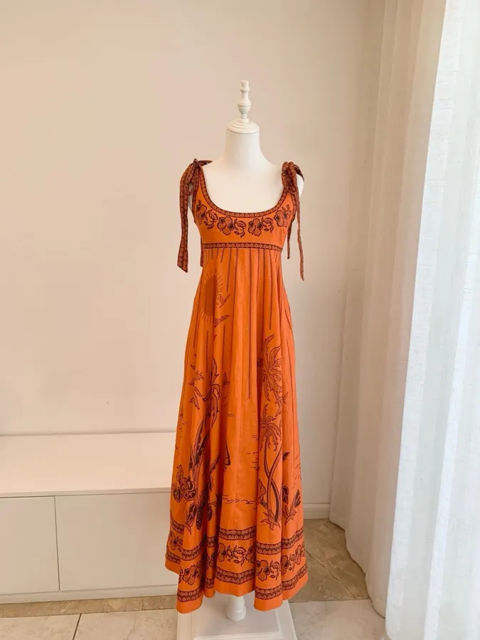 Orange Island Print Strap Dress with Tie-Waist Linen Style Flared Resort Maxi Dress in Orange, product view 24