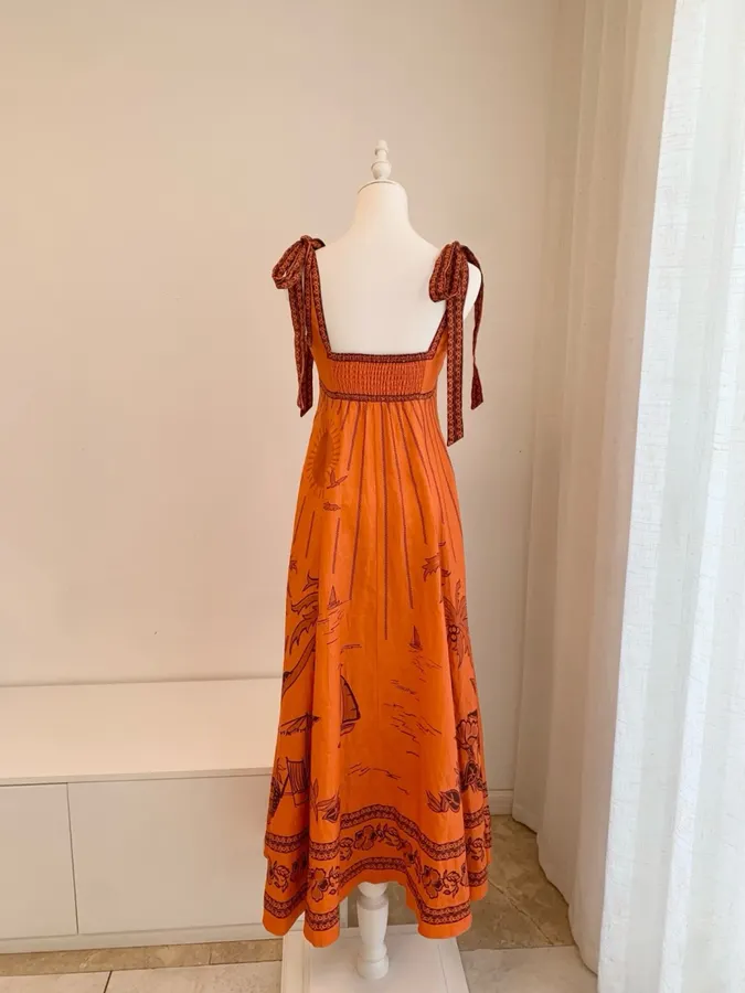 Orange Island Print Strap Dress with Tie-Waist Linen Style Flared Resort Maxi Dress in Orange, product view 25