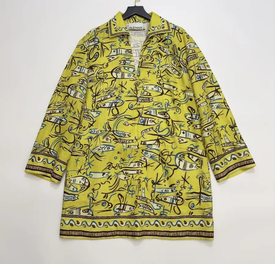 Retro Graffiti Little Fish Yellow Lapel Midi Top in Yellow, product view 01